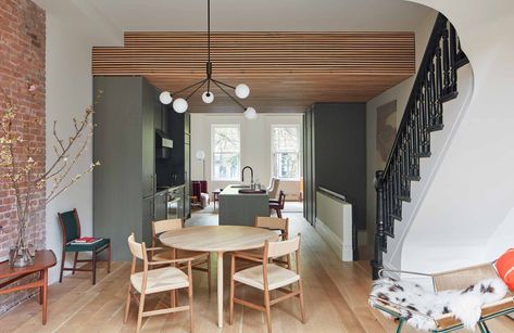 Stuyvesant Street Townhouse - Portfolio - Lang Row House Interior, New York Townhouse, White Oak Kitchen, Street Townhouse, Parlor Floor, Green Tiles, Danish Modern Furniture, Oak Kitchen, Old Street