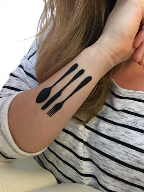 Fork spoon and knife culinary tattoo idea ❤️ Fork Tattoo, Knife Tattoos, Love Letter Tattoo, Culinary Tattoos, Acorn Tattoo, Dc Tattoo, Tattoo Samples, Unique Tattoos For Women, Brush Tattoo