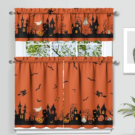 PRICES MAY VARY. Halloween Decor: This orange Halloween kitchen curtain creatively combines the classic elements of Halloween, allowing you to fully feel the festive atmosphere. This Halloween curtain combines castle pumpkins and tombstones. The skull is used as an embellishment design, with flying bats and witches riding brooms in the middle, and the orange background adds beauty and creativity to your home decoration. Create a perfect festive atmosphere for your Halloween High Quality Material Kitchen Curtains And Valances, Farmhouse Kitchen Curtains, Halloween Curtains, French Farmhouse Kitchen, Halloween Kitchen Decor, Short Curtain, Kitchen Curtain Sets, Ghost Bat, Bat Halloween