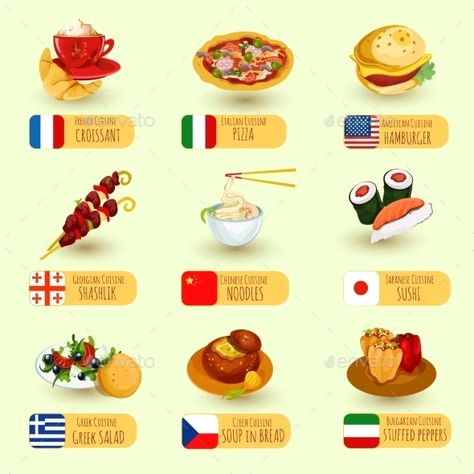 World Food Set by macrovector | GraphicRiver Foods Around The World, Carrot Salad Recipes, Around The World Food, Food Vocabulary, Foreign Food, World Food, Global Cuisine, Global Recipes, World Recipes