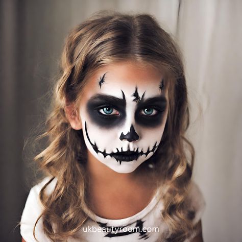 Girls Halloween Face Paint, Easy Skull Face Paint For Kids, Skeleton Facepainting Kids, Children Halloween Makeup, Kids Dracula Makeup, Girls Skeleton Face Paint, Halloween Makeup For Girls Kids, Kids Grim Reaper Makeup, Halloween Make Up Kids Girl