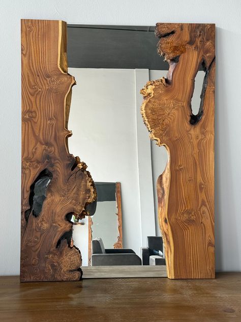 Product Title: Natural Wood Live Edge Mirror  Size:  Width: 27.5" / 70 cm Length: 36.5" / 92.5 cm Depth: 1" / 2.5 cm  Description: This live edge mirror is the perfect blend of natural beauty and modern design, adding warmth and elegance to any space. Each mirror is unique as they are all handcrafted, drawing inspiration from the beauty of nature. Specifications: Material: Natural wood Style: Rustic, modern Finish: Live edge (natural edges) Installation: Requires wall mounting (hanging hardware Laser Engraved Mirror, Nature House Decor, Live Edge Projects, Wood Mirror Wall, Live Edge Mirror, Rustic Mirror Frame, Live Edge Headboard, Unique Wood Furniture, Rustic Style Furniture