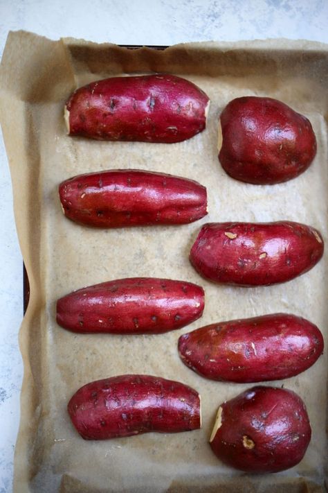 Japanese Yams Recipe, Japanese Yams Baked, Japanese Yam Recipe, Loaded Baked Potato Skins, Japanese Yam, Roasted Yams, Supper Meals, Yams Recipe, Japanese Sweet Potato