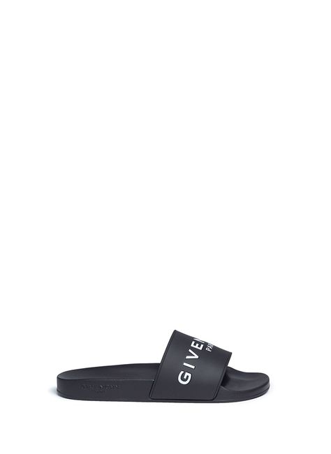 GIVENCHY Logo Print Rubber Slide Sandals. #givenchy #shoes #sandals Givenchy Men, Givenchy Logo, Givenchy Shoes, Rubber Sandals, Band Logo, Black Logo, Pool Slides, Black Rubber, Slide Sandals