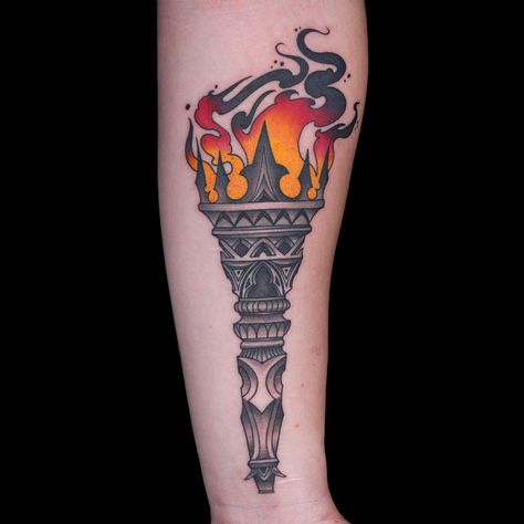 Torch Tattoo by Hiram Casas Torch Tattoo Neotraditional, Greek Torch Tattoo, Neo Traditional Torch, Neon Traditional Tattoo, Torch Tattoo Design, Traditional Torch Tattoo, Traditional Tattoo Torch, Lfc Tattoo, Torch Tattoo