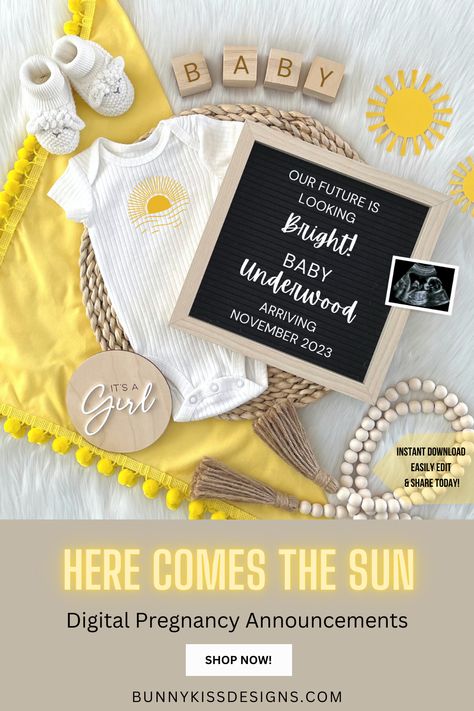 Editable sunshine-themed digital pregnancy announcement! Surprise husband, parents, family, grandparents. Perfect template to share on social media. Baby Boy Gender Reveal, Summer Pregnancy Announcement, Gender Reveal Unique, Digital Pregnancy Announcement, Boy Gender Reveal, Sunshine Baby Showers, Girl Gender Reveal, Summer Pregnancy, Ray Of Sunshine