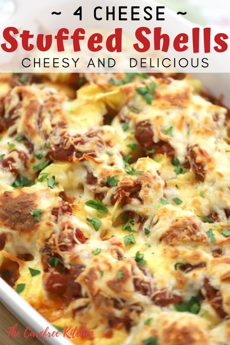 These 4-Cheese Stuffed Pasta Shells are incredibly delicious and a favorite vegetarian meal for Meatless Monday. It’s one of the best pasta bake recipes. They’re made with ricotta, cottage, parmesan, and mozzarella cheese. They are the perfect dinner to take to a friend or put in the freezer for another day. One of the best baked pasta recipes ever. #pasta #patabakerecipes #bakedpastarecipes #pastabake #stuffedshells #thecarefreekitchen #Dinnerideas #sundaydinnerideas #dinner Stuffed Shells With Meat And Ricotta, Ricotta Cheese Recipes Pasta Stuffed Shells, Stuffed Shell Pasta Recipes Vegetarian, Best Pasta Bake Recipe, Creamy Ricotta Beef Stuffed Shells Pasta, Stuffed Ricotta Shells With Meat Sauce, Pasta Bake Vegetarian, Stuffed Shells Ricotta, Cheese Stuffed Shells