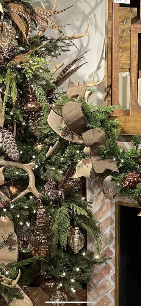 Hunting And Fishing Christmas Tree, Rustic Hunting Christmas Tree, Hunting Cabin Christmas Decor, Hunting Lodge Christmas Decor, Rustic Mountain Christmas Decor, Deer Antler Tree Topper, Woodsy Christmas Decor Rustic, Christmas Decor With Deer Antlers, Rustic Woodland Christmas Tree