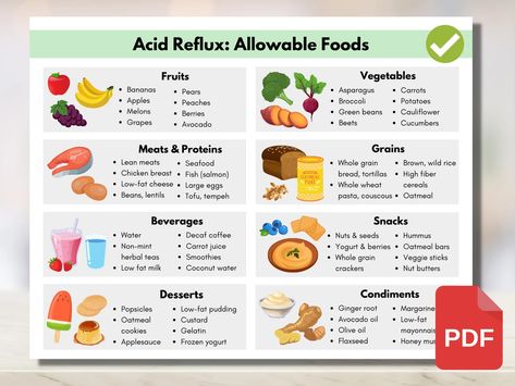 GERD Acid Reflux Heartburn Food Guide Gastritis Grocery - Etsy Acid Reflux Grocery List, Gerd Grocery List, Acid Reflux Breakfast Ideas, Gerd Food List, Foods To Avoid For Acid Reflux Gerd Diet, Gerd Friendly Meals, Non Acidic Meals, Acid Reflux Meals, Foods For Gerd