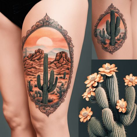 Desert Arm Tattoo, Desert Shoulder Tattoo, Arizona Sunset Tattoo, Moab Tattoo Ideas, Western Floral Tattoo Sleeve Ideas, Big Bend Tattoo, Cactus Desert Tattoo, Desert Themed Tattoos, Western Landscape Tattoo