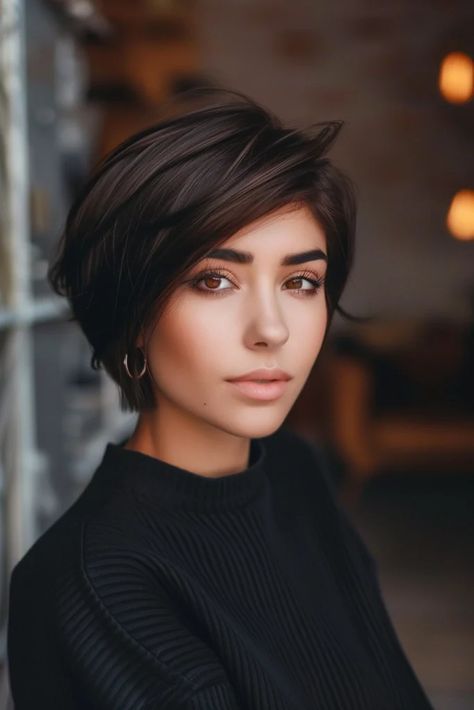 Short Thick Haircuts, Pixy Bob, Pixie Long Haircut, Long Pixie Tucked Behind Ears, Short Layered Pixie Haircut, Pixie Haircut Long, Short Hair Style For Long Face And Big Nose, Long Pixie Bob Haircut, Bixie Shag Haircut