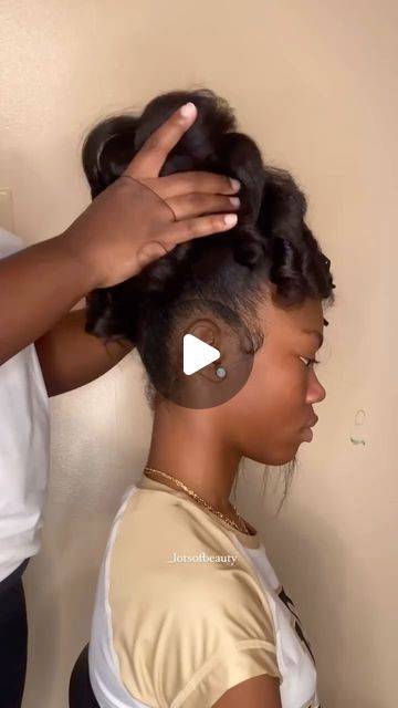 VoiceOfHair ®️ on Instagram: "There is beauty in simplicity 😍⁣⁣ ⁣⁣ Love this updo by @_lotsofbeauty on her daughter💕⁣Such a cute and classic style for her homecoming dance🥰 Her hair is so healthy and this style is  age appropriate 👏🏾⁣ ⁣⁣ Drop a ❤️ if you love it as much as we do✨ #voiceofhair⁣⁣ ⁣⁣ #updo #messybuns #kidshair #homecominghair #curlybun #ponytails #silkpress #hairtutorials #curlybun #bangs #bridalhairstyles #silkpressedhair #weddinghair" Updo On Black Hair, 90s Hair Updo Black Women, Low Bun With Swoop Natural Hair, Special Occasion Updos, Pin Curl Ponytail Updo Black Hair, Silk Press Natural Hair Styles Updo, Birthday Updo Hairstyles, Silk Press Updo Hairstyles, Slick Ponytail Natural Hair