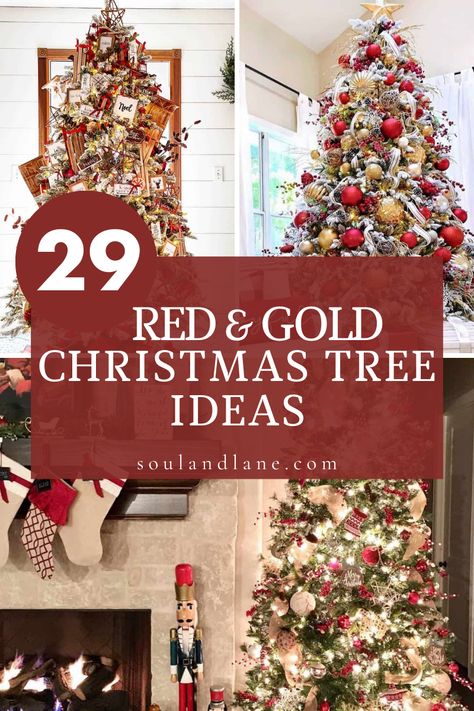 Discover the timeless elegance of red and gold with 29 Christmas tree decorating ideas. Explore combinations of rich reds and glowing golds that bring a touch of sophistication to your festive decor. Click through to find inspiration for creating a tree that shines with warmth and luxury, offering a festive focal point that is both grand and inviting this holiday season. Flocked Christmas Trees With Red, Christmas Tree With Red And Gold Ornaments, Red And Gold Decorated Christmas Trees, Red Green Gold White Christmas Tree, Gold White Red Christmas Decor, Flocked Tree With Red And Gold, Gold And Red Christmas Tree Ideas, Flocked Christmas Trees Decorated Red And Gold, Christmas Tree Red And Gold Ornaments