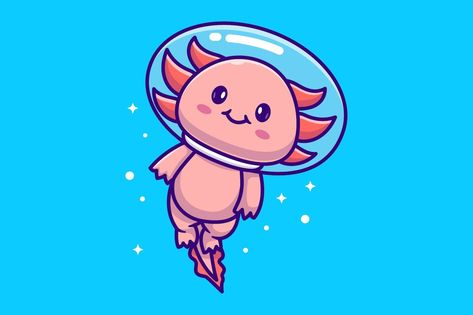 Cute Axolotl Astronaut Swimming Floating In Space Axolotl Wizard, Axolotl Firefly, Axolotl Drinking Boba, Animal Astronaut Illustration, Space Axolotl, Floating In Space, Floating, Swimming, Animals