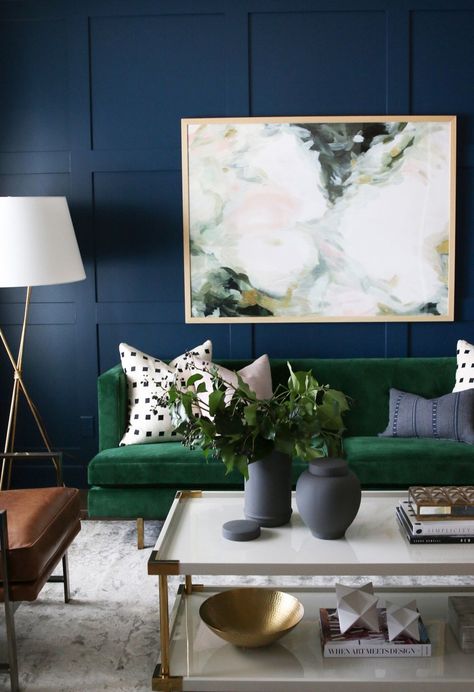 Formal Sitting Room Webisode - Studio McGee Green Couches, Blue And Green Living Room, Navy Blue Living Room, Marble Interior, Green Couch, Green Sofa, Room Color Schemes, Dreamy Room, Living Room Green