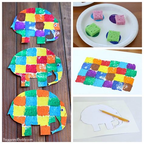 sponge painted Elmer the elephant art project for kids, maybe with construction paper squares instead of paint Teaching Illustration, Elmer Elephant, Elmer The Elephant, Elmer The Elephants, Sponge Paint, Elephant Crafts, Preschool Projects, Nursery Activities, Sponge Painting