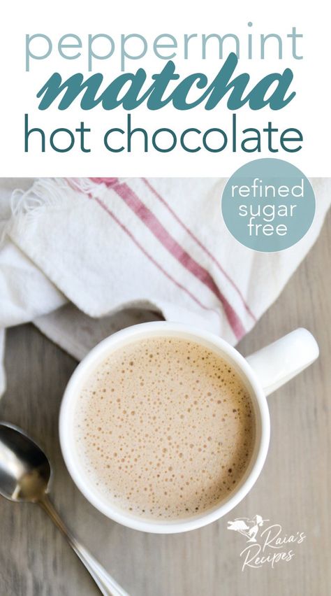 Peppermint Matcha Hot Chocolate (healthy & delicious!) Dairy Free Matcha, Hot Chocolate Healthy, Peppermint Matcha, Matcha Hot Chocolate, Matcha Ice Cream, Drink Recipes Nonalcoholic, Paleo Pumpkin, Hot Coco, Low Carb Vegetarian