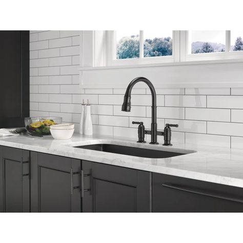 Delta Broderick Pull Down Two Handle Bridge Kitchen Faucet | Wayfair Touch Kitchen Faucet, Delta Kitchen Faucet, Delta Trinsic, Touchless Kitchen Faucet, Glass Rinser, Cleaning Faucets, Soap Dispensers, Delta Faucets, Lotion Dispenser