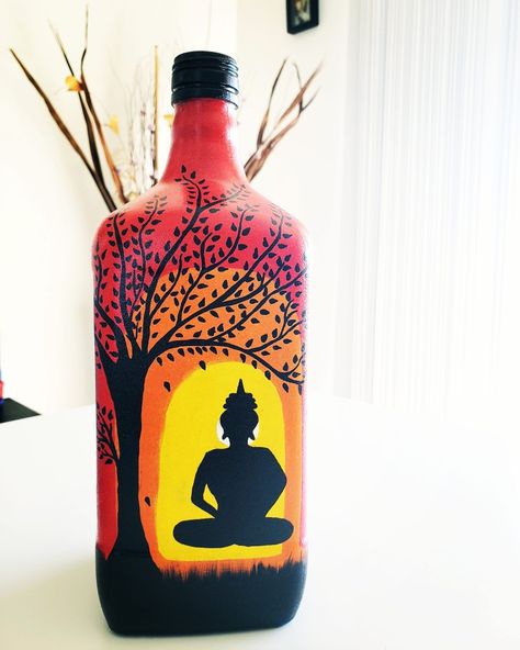 #bottlepainting #colors #acrylicpainting #winebottlecrafts #peaceful #calm #buddhapainting #buddhaunderthetree #meditatingbuddha #acrylic #art #handmade #upcycle #meditate #homedecor Bottle Art Buddha, Buddha Bottle Painting, Buddha Bottle Art, Wine Glass Drawing, Beer Bottle Art, Bottle Art Projects, Painted Glass Bottles, Hand Painted Wine Bottles, Watercolor Art Diy