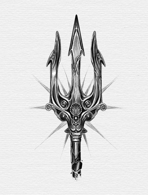 Calf Tattoo Men Minimalist, Trident And Snake Tattoo, Poseidon Trident Drawing, Poseidon Trident Tattoo Design, Upper Thigh Tattoos Men, Trident Design Art, Trident Tattoo For Men, Trident Drawing, Trident Tattoo Design