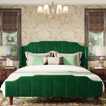 Willa Arlo Interiors Sonoma Velvet Upholstered Bed with Tufted Headboard | Wayfair Full Xl Bed, Emerald Green Bed, Curved Headboard Bed, Green Bed Frame, Green Velvet Headboard, Bedroom Anthropologie, Green Velvet Bed, Mid Century Style Bedroom, Cool Headboards