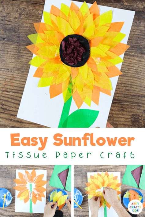 Looking for a fun Summer craft to try with your children? check out this glorious and easy sunflower craft for kids! September Crafts For Seniors, Sunflower Art For Kids, Sunflower Craft, Tissue Paper Craft, Summertime Crafts, Fun Summer Crafts, Sunflower Crafts, November Crafts, Tissue Paper Crafts