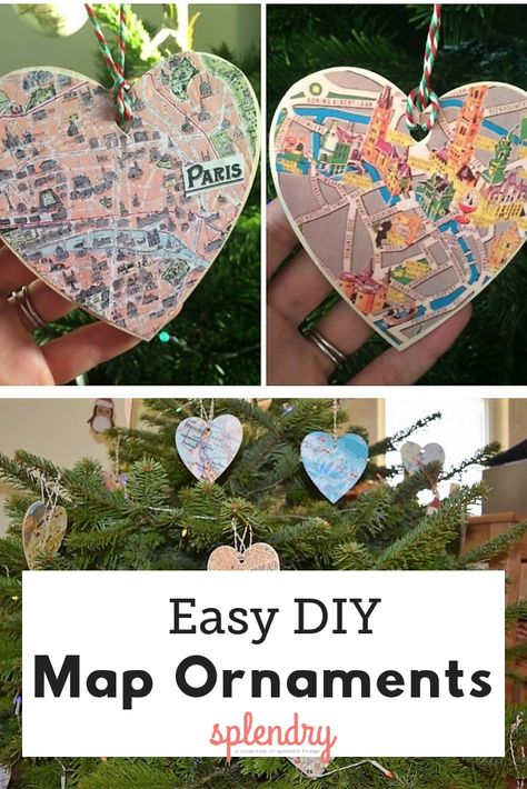 These easy to make map ornaments will look great on the tree, but will also be a fun reminder of all your travels! #diy #easydiy #christmasdiy #christmascrafts #mapornaments Travel Christmas Ornaments Diy, New York Ornaments Diy, Map Christmas Ornaments Diy, Travel Ornaments Diy, Map Ornaments Diy, Travel Christmas Tree, Disney Map, Diy Map, Map Ideas