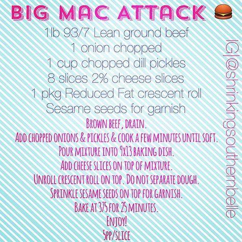 Here is the Big Mac Attack recipe a lot of you have requested. I posted it a long time ago but it was ugly and a lot of you said you couldn't find it so I took some time this morning to make it pretty and easier to find  This is seriously so delicious! Add some light thousand island dressing on top for full Big Mac effect  I've seen people put this over a bed of lettuce with tomatoes. Any way you serve it, it will not disappoint! Both you and your family will love it. Makes 8 servings  Enjoy, ya Weigh Watchers, Smart Points Recipes, Thousand Island, Thousand Island Dressing, Weight Watcher Dinners, Points Recipes, Smart Points, Big Mac, Ww Recipes