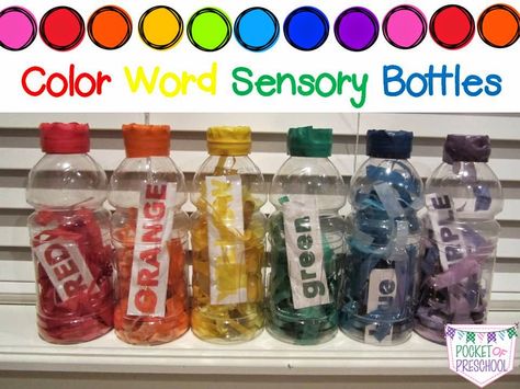 How to make Color Word Sensory Bottles!  Teaches & reinforces colors, letters, and color words.  Color word card FREEBIE by Pocket of Preschool Sensory Words, Pocket Of Preschool, Discovery Bottles, Infant Classroom, Color Unit, Preschool Colors, Sensory Tools, Sensory Bottles, Sensory Table