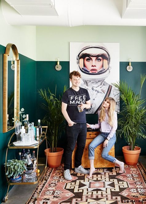 Carlson Young in her eclectic living room with two-tone forest green walls, a large astronaut print, a large gold mirror, and a rug Small Apartment Tour, Carlson Young, Two Tone Walls, Decor Ikea, Eclectic Living Room, Bath Room, Dream Apartment, Green Rooms, Celebrity Houses