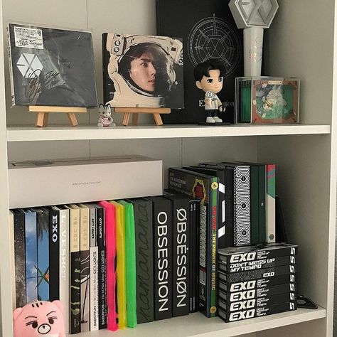 Kpop Album Shelf Aesthetic, Exo Album Collection, Album Collection Aesthetic, Kpop Albums Shelf, Exo Stickers, Kpop Room, Album Collection, Exo Album, Kpop Albums