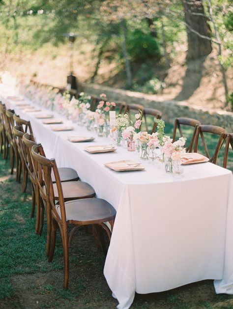 120 blush bud small vases down long farm table by San diego wedding florist tiny victories at sacred mountain julian ethereal garden wedding elegant vibes Long Table Centerpieces, Farm Table Wedding, Bud Vases Wedding, Bud Vase Centerpiece, Long Table Wedding, Outdoor Dinner, Wedding Table Flowers, Wedding Vases, Wedding Table Decor