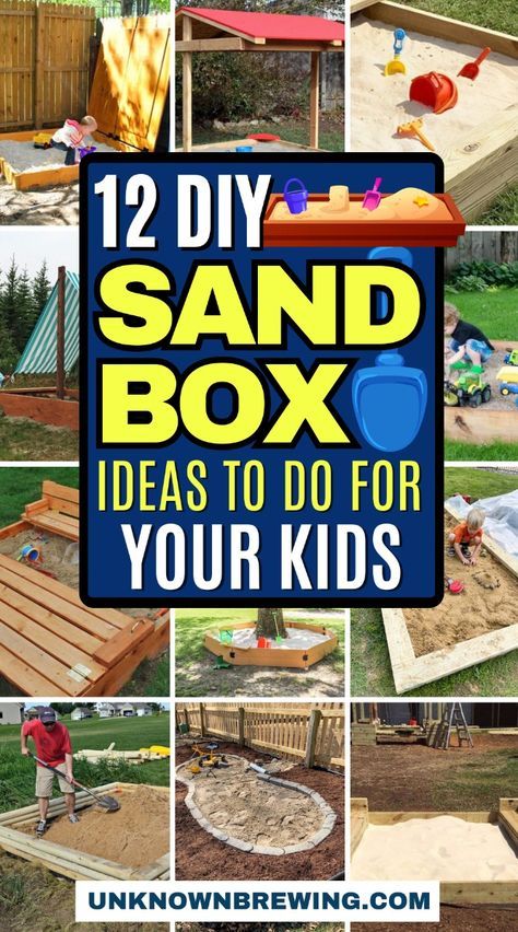 Keep your kids entertained and safe with these fun and covered sandbox projects. Sand Pit Backyard, Kids Sandbox Ideas Backyards, Sand Box Ideas Backyards, Diy Kids Sandbox Ideas, Pallet Sandbox Diy, Outdoor Sandbox Ideas, Kids Sandbox Ideas, Sand Pit Ideas, Diy Sand Box For Kids