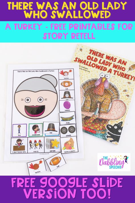 You can work on so many speech and language goals using There Was an Old Lady Who Swallowed a Turkey. Why not have a free printable that helps your students learn the vocabulary, practice sequencing and build grammatically correct sentences with the book!? Grab your free There Was an Old Lady Who Swallowed a Turkey free printable, so you can rock your mixed groups with your Thanksgiving theme! Turkey Free Printable, Turkey Balls, Story Retelling, Story Retell, Transition Words, Story Sequencing, Language Goals, Free Stories, Expressive Language