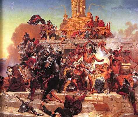 Spanish conquest of Aztec empire in 1519, showing then storming of the Teocalli. Archaeology Drawing, Aztec City, Aztec Civilization, Aztec Empire, Maya Civilization, Spanish Conquistador, Aztec Culture, Aztec Warrior, Montezuma