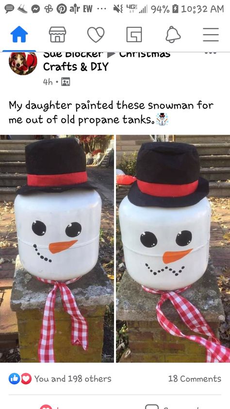 Propane Bottle Art, Propane Tank Snowman, Christmas Propane Tank Art, Hay Bale Decorations, Propane Tank Art, Propane Tanks, Paint Crafts, Tank Art, Bottle Craft