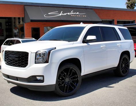 Yukon Denali White Black Rims White Gmc Yukon Denali With Black Rims, White Yukon Denali Blacked Out, White Tahoe With Black Rims, Custom Tahoe, White Tahoe, Family Truck, White Suv, Gmc Denali, Gmc Yukon Denali