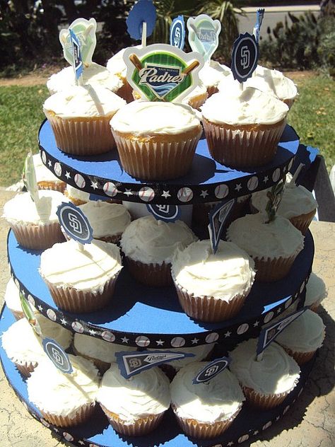 San Diego Padres DIY Baseball birthday party cupcake tower, cupcake stand, DIY cupcake display Diy Cupcake Display, Cupcake Tower Ideas, Cupcake Stand Diy, Easy Diy Party Decorations, Baseball Banquet, Sport Cupcakes, Diy Cupcake Stand, Ice Cream Cone Cupcakes, Cupcake Display Stand