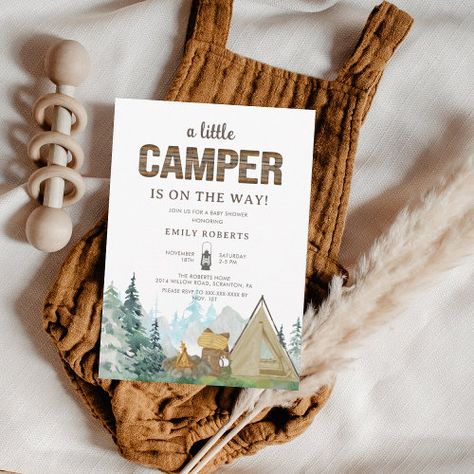 Rustic A Little Camper Baby Shower Invitation #zazzle #weddinginvitations #birthdayinvitations #babyshowerinvitations #zazzleinvitations #monogram #businesscards #graduation #homedecor Little Camper Baby Shower, Camping Baby Shower Theme, Camping Forest, Woodland Adventure, Baby Announcement Photoshoot, Camping With A Baby, Forest Watercolor, Baby Shower Theme Decorations, Watercolor Baby Shower