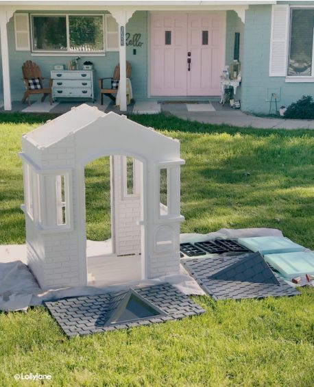 Furniture For Kids Playhouse, Fisher Price House Makeover, How To Paint A Plastic Playhouse, Painting A Plastic Playhouse, Painted Little Tikes Playhouse, Cape Cottage Playhouse Makeover, Paint Little Tikes Playhouse, Diy Plastic Playhouse Makeover, Painted Plastic Playhouse