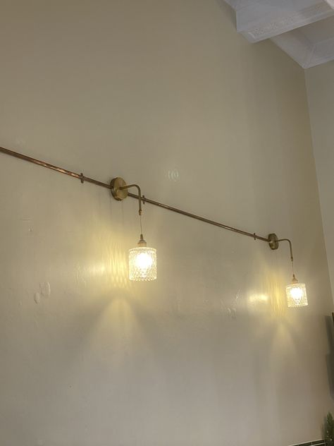 copper conduit lighting options Exposed Electrical Conduit Ideas, Copper Conduit, Conduit Lighting, Electrical Conduit, Lighting Options, Exposed Beams, Back Garden, Wall Sconces, Beams