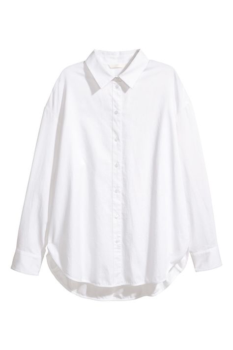 White. Loose-fit shirt in cotton poplin with a collar. Dropped shoulders, buttons at front, and buttons at cuffs. Rounded hem with slits at sides. | H&M Sassy Shirts, Outfit Png, Loose Fit Shirts, White Button Down Shirt, Kpop Fashion Outfits, Women Shirts Blouse, White Shirts, Kpop Fashion, Looks Vintage