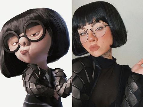 Edna Mode cosplay by @ddblueberry #EdnaMode #EdnaModecosplay #TheIncredibles2 #cosplaygirl #cosplay #cosplayer #sidebysidecosplay #sidebyside #amazingcosplay Characters With Bangs, Halloweenský Makeup, Kostum Halloween, Short Black Hair, Halloween Coustumes, Kostum Cosplay, Trendy Halloween Costumes, Idee Cosplay, Halloween Costume Outfits