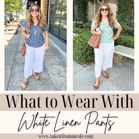 what to wear with Wide leg white linen pants What To Wear With Wide Leg Linen Pants, What To Wear With White Linen Pants, What To Wear With Linen Pants Women, How To Style Wide Leg Linen Pants, White Linen Pants Outfit Casual, White Linen Pants Outfit, Wide Leg White Linen Pants, White Linen Pants Women, Capri Outfits