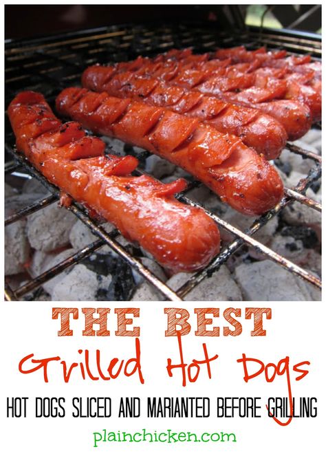 THE BEST Grilled Hot Dogs - hot dogs sliced and marinated before grilling - you will never grill hot dogs any other way! These are seriously amazing!! Grill Hot Dogs, Grilled Hot Dogs, Hot Diggity Dog, Grilling Hot Dogs, Hot Dogs Recipes, Checker Board, Hot Dog Recipes, Emergency Food, Corn Dogs