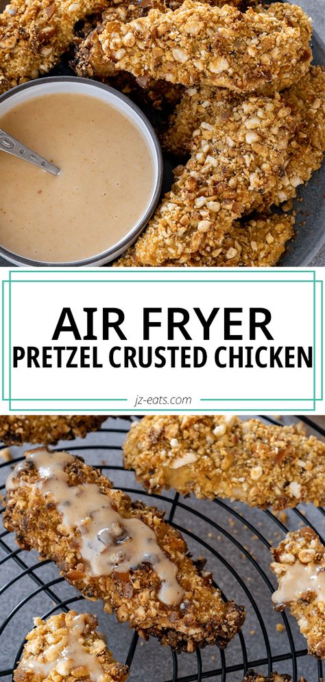 Pretzel Chicken is crispy, juicy, and packed full of delicious flavors. We all know that chicken tenders are an all-time favorite, whether you’re a kid or an adult, but adding a crunchy pretzel coating makes them even better! Pretzel Coated Chicken Tenders, Air Fryer Pretzel Chicken, Pretzel Chicken Recipes, Pretzel Crusted Chicken Tenders, Pretzel Crusted Chicken Air Fryer, Pretzel Coated Chicken, Crusted Air Fryer Chicken, Pretzel Chicken Tenders, Honey Mustard Pretzel Chicken