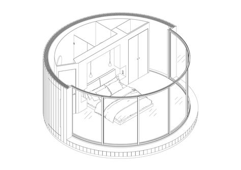 Gallery of Lumicene Designs Minimalist Prefab with Curved Glass to Connect with Nature - 8 Hotel Room Door Design, Wood Cladding Exterior, Round Room, Prefab Cabins, Room Door Design, Curved Wood, Curved Walls, Prefabricated Houses, Exterior Cladding