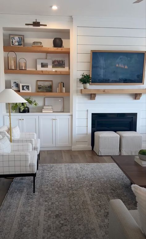 Non Built In Fireplace, Living Room Fireplace Built In Shelves, Built Ins With Fake Fireplace, Fireplace With Storage On One Side, Recessed Tv Over Fireplace Built Ins, Electric Fireplace Ideas With Tv And Bench, Shallow Living Room Built Ins, Living Room Fireplace Shelving, Shelving On Each Side Of Fireplace