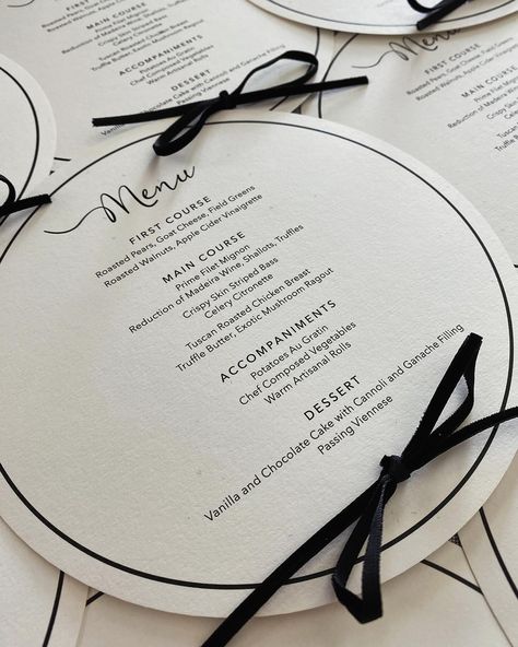 Exquisite menus that are not just a treat for the taste buds but also a feast for the eyes! Circle invitations with black bows. They are modern & chic! Round Invitation Card, Menu Wedding Cards, Round Invitation, Modern Black And White Wedding, Wedding Menus Design, Black And White Wedding Theme, Black Bows, Annapolis Maryland, Wedding Expo