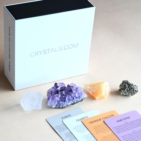 This crystal kit is a set of 4 crystals that will help you harness their energy. It contains orange calcite, amethyst, quartz, and pyrite. It is a great set of essential crystals for beginners to start their collection. Shop all our crystal kits and see which one speaks to you. Where To Buy Crystals, Sage And Palo Santo, Ritual Tools, Crystal Box, Orange Calcite, Calming Stones, Amethyst Quartz, Stone Crystal, Chakra Healing